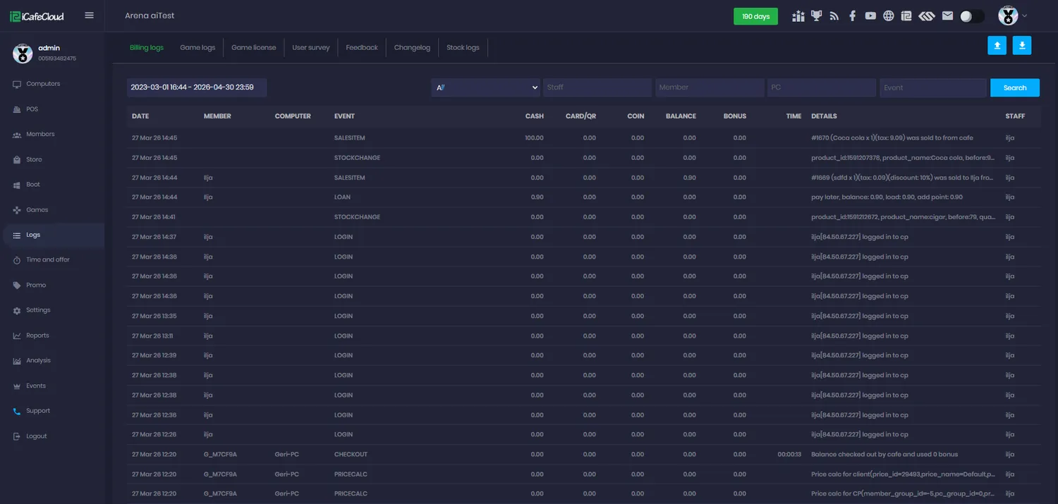 iCafeCloud billing logs listing date, member, computer, event, cash, card, balance, bonus and the staff member responsible