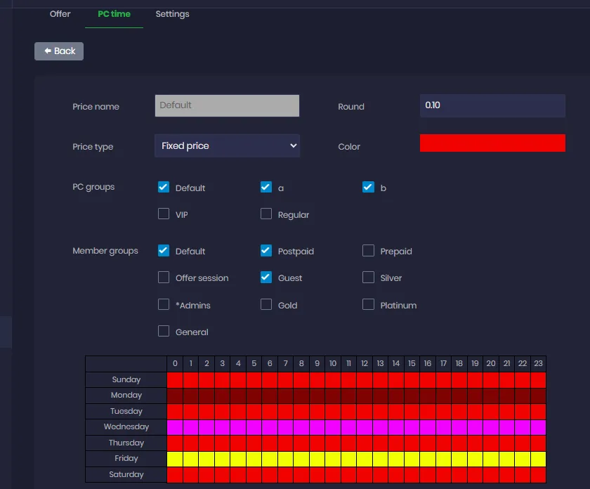 iCafeCloud PC time pricing editor with fixed price type, PC group and member group selection and a seven-day hourly rate grid
