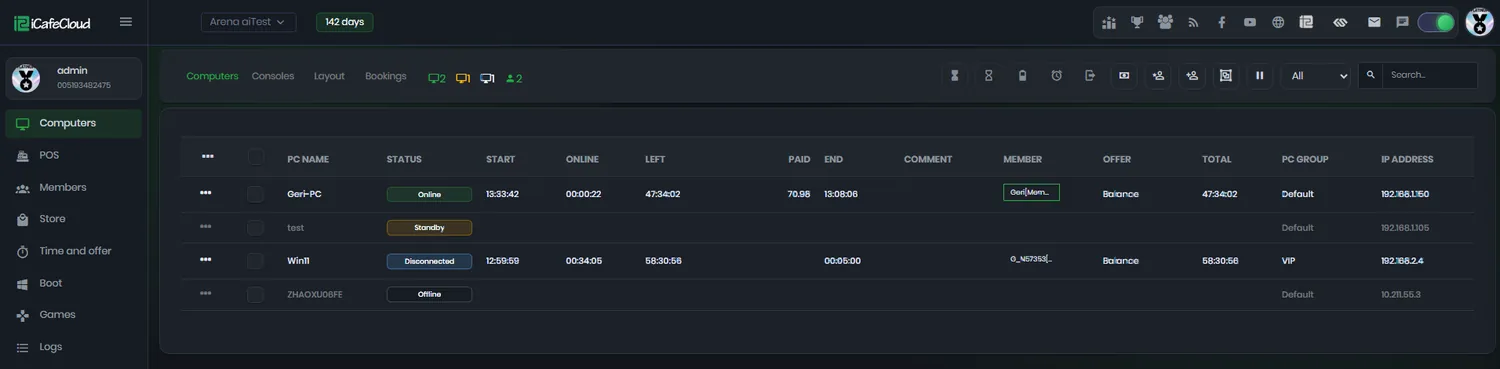 iCafeCloud computers page showing live internet cafe sessions with start time, time online, time left, amount paid and session total