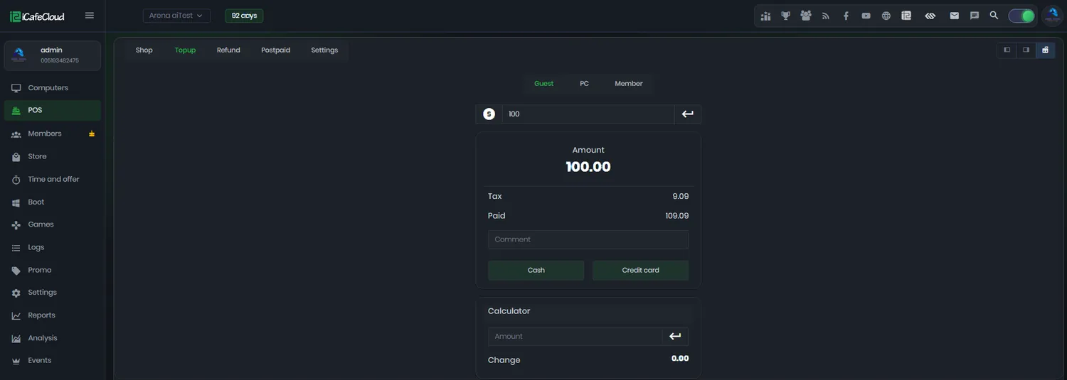iCafeCloud POS top-up screen showing guest, PC and member tabs with cash and credit card payment