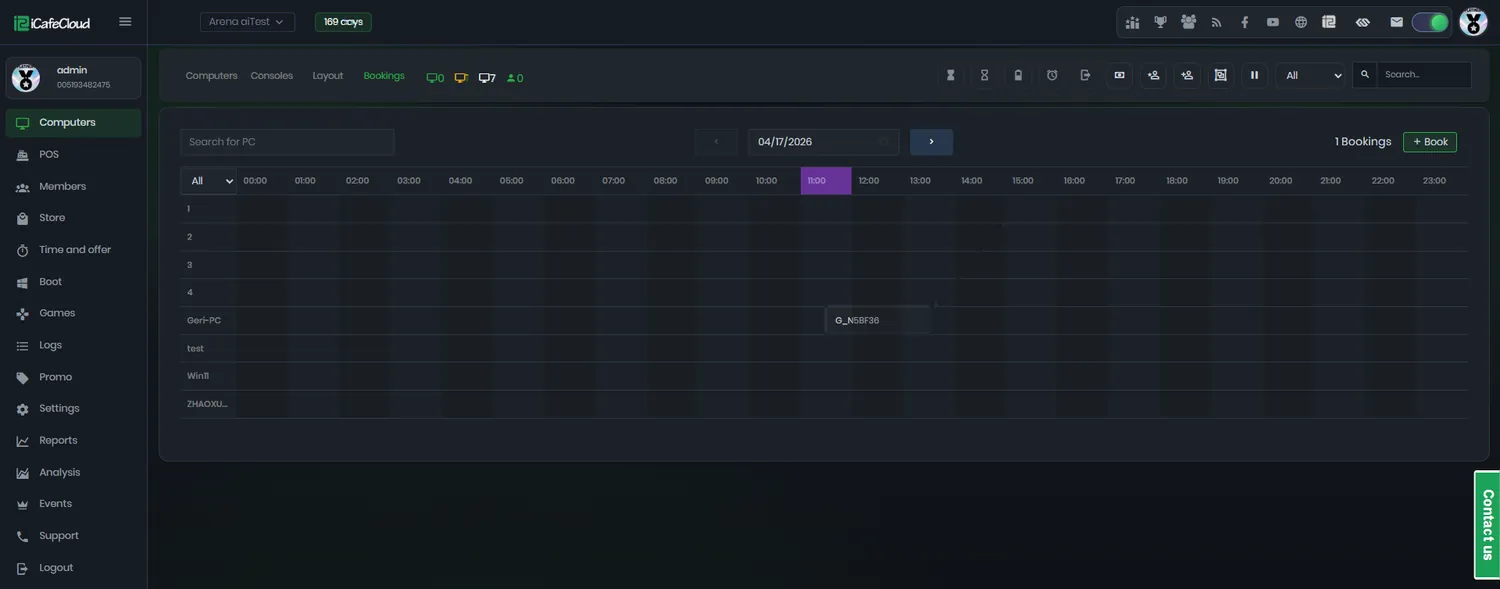 iCafeCloud bookings timeline showing reserved PCs against hours of the day