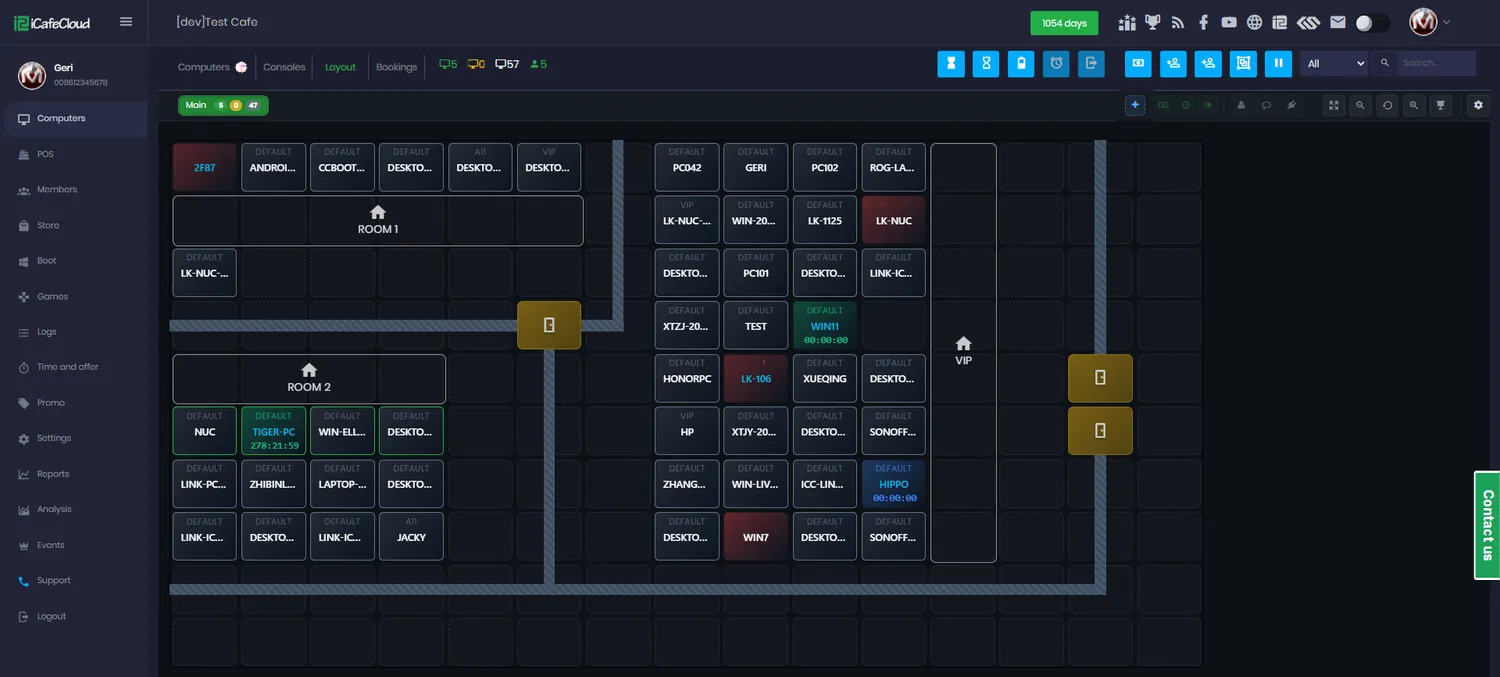 iCafeCloud venue layout showing bookable rooms and PCs with their current status across the gaming floor