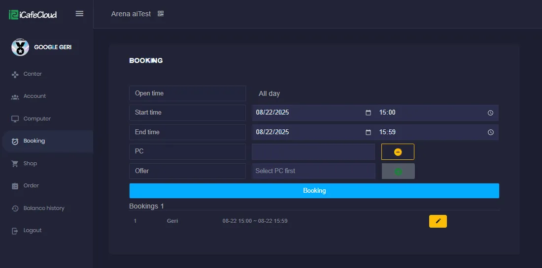 iCafeCloud member portal booking form with start time, end time, PC and offer selection