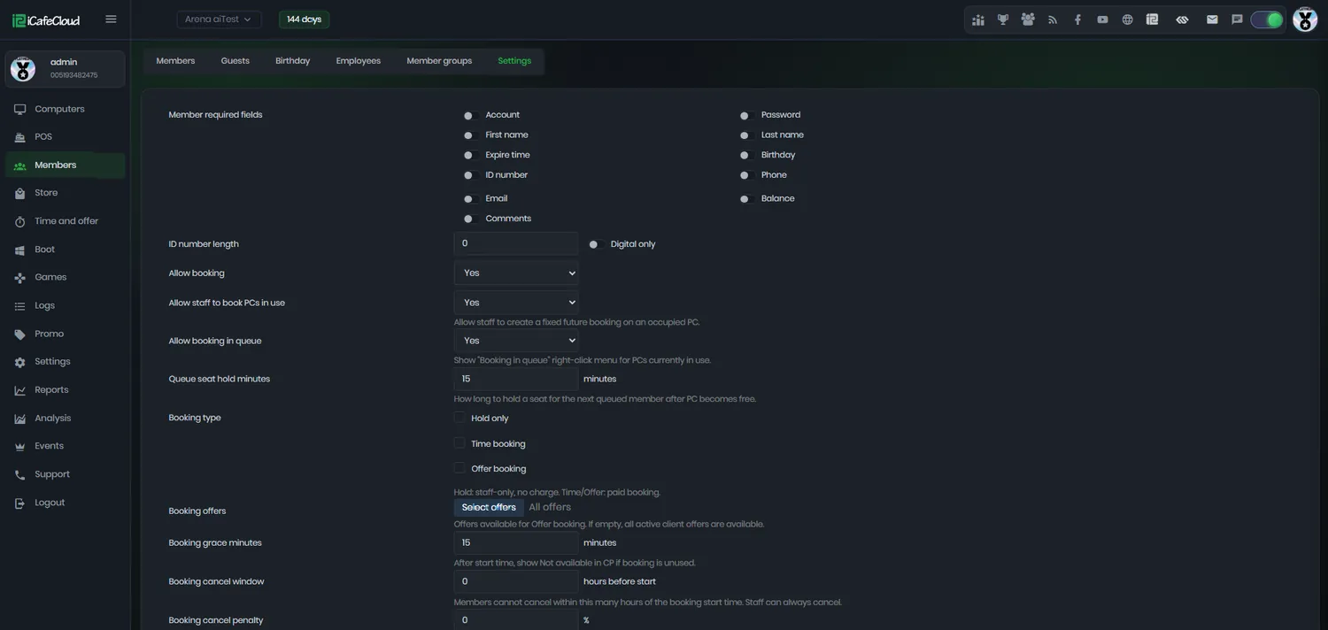 iCafeCloud booking settings with allow booking, required fields, lock minutes and duration rules