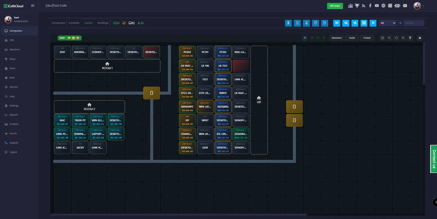 iCafeCloud layout view showing the venue floor plan with every PC and its live session status