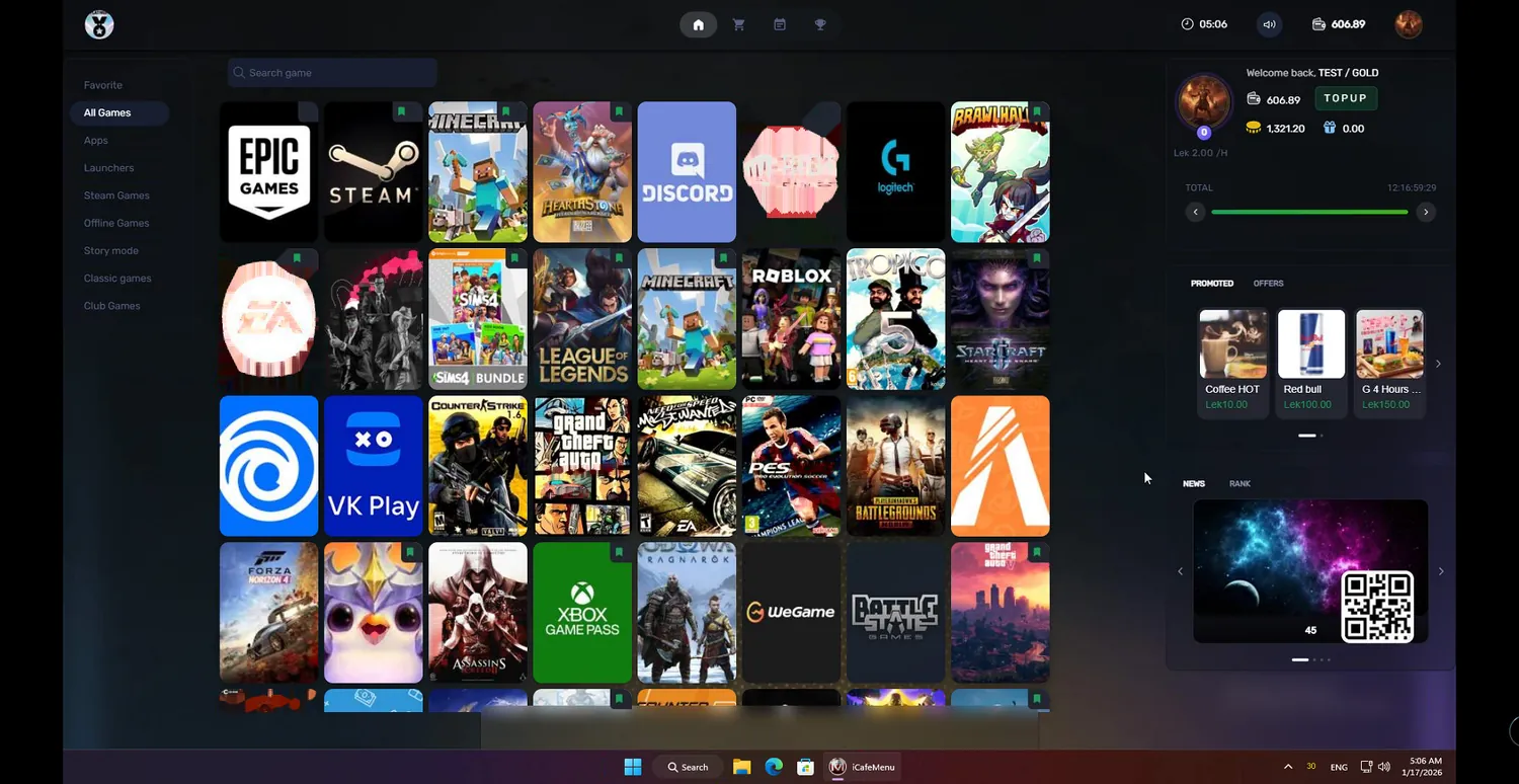 iCafeMenu client interface showing the internet cafe game library as cover art grouped by category