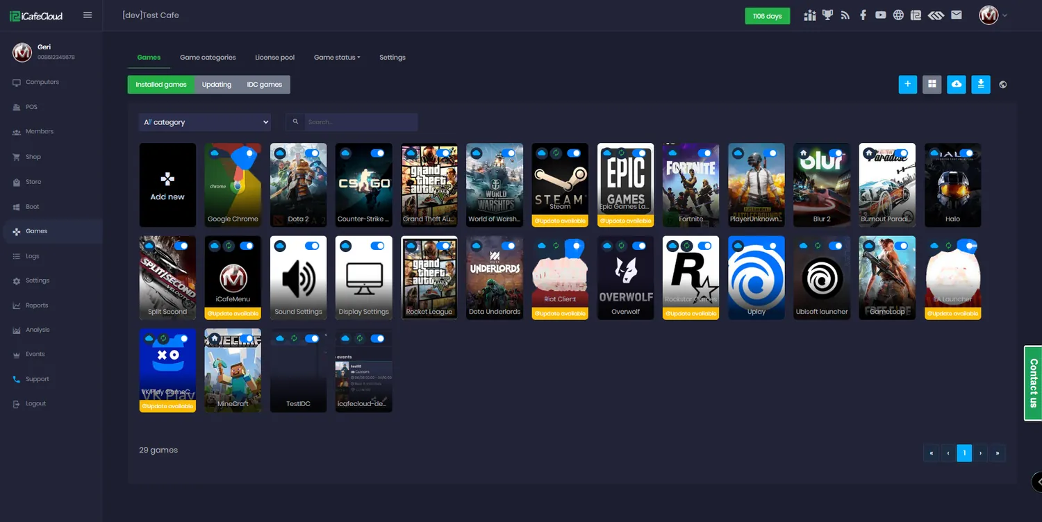 iCafeCloud installed games list with Steam, Epic, Riot, EA and local titles in one catalogue