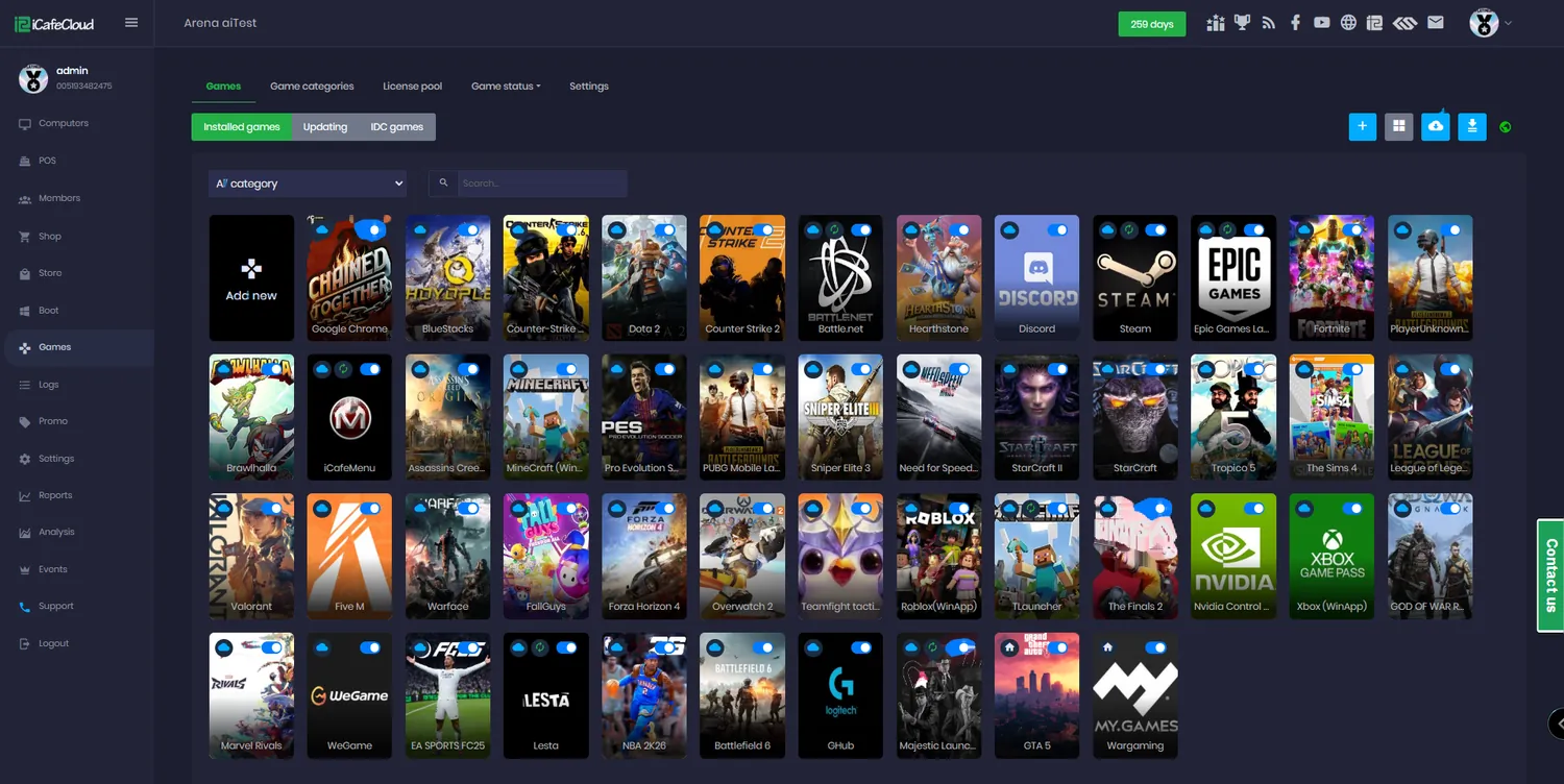 iCafeCloud games page showing the internet cafe game library as a grid of cover art with categories