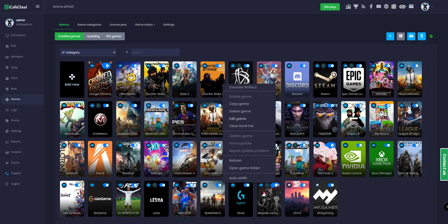 iCafeCloud games page with the right-click menu open to edit a game and its allowed PC groups
