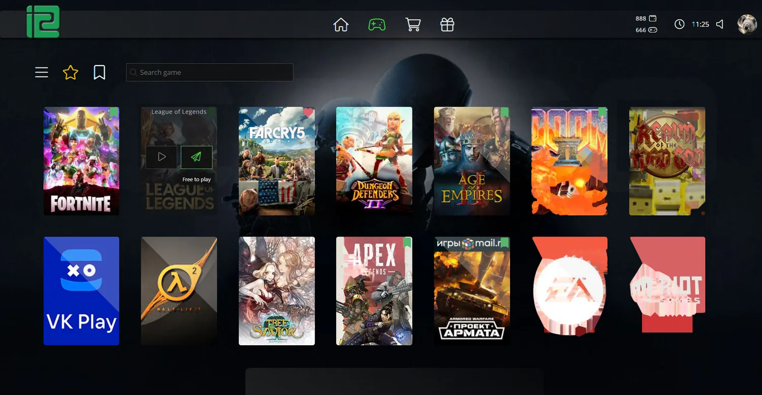 iCafeMenu client showing paid games that can be launched with a centre-owned account from the shared license pool