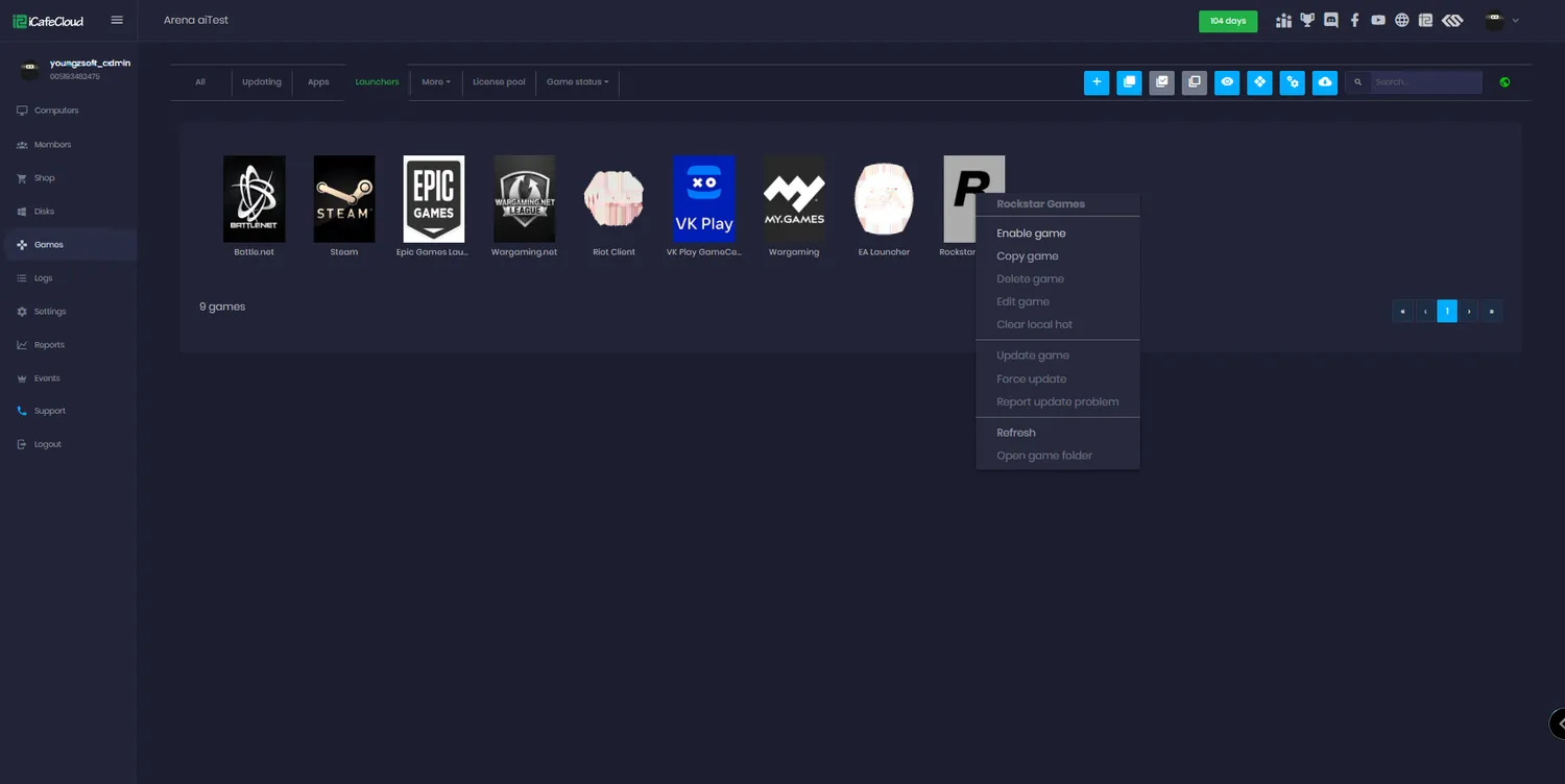 iCafeCloud launchers page with Steam, Epic, EA, Riot and VKPlay entries configured for auto login