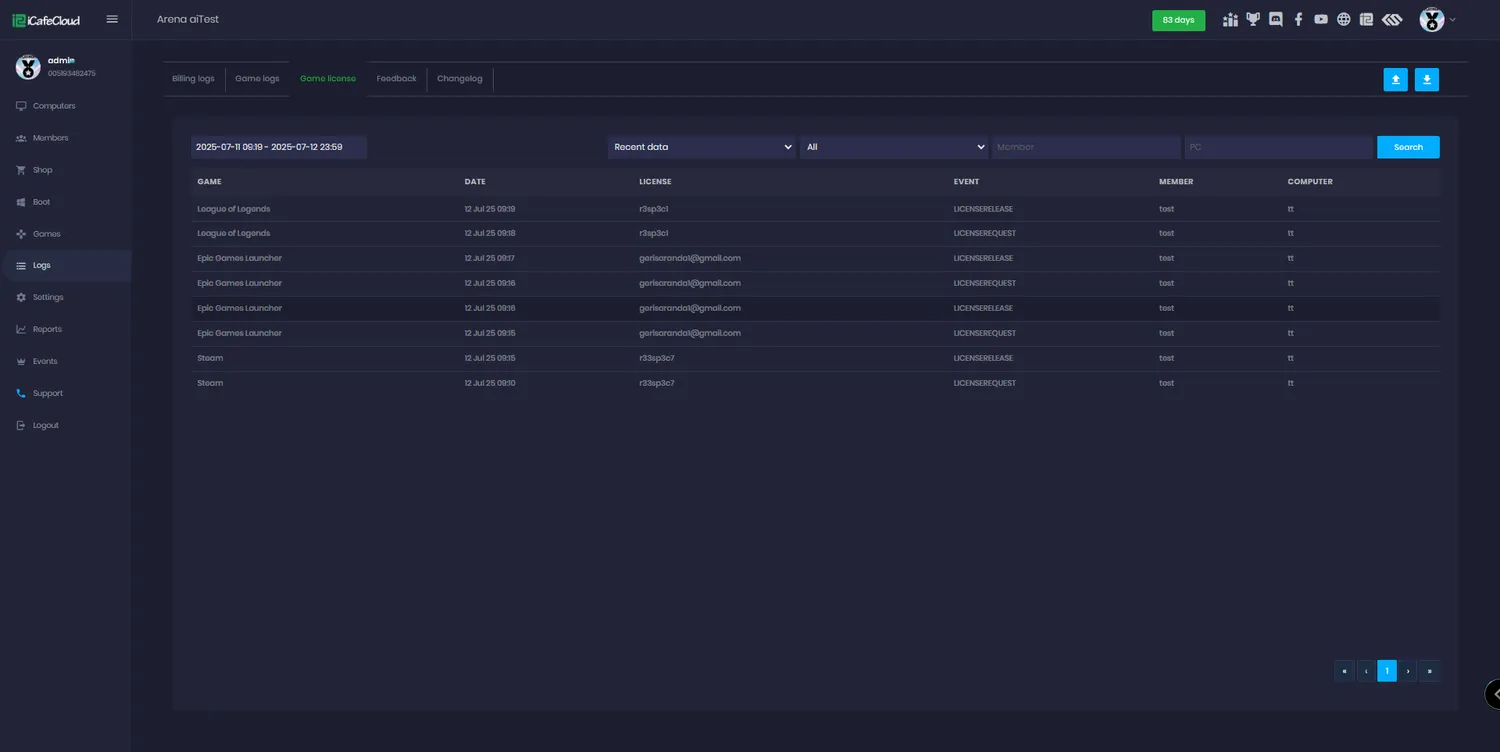 iCafeCloud game license logs showing license request, shortage and release events with timestamps