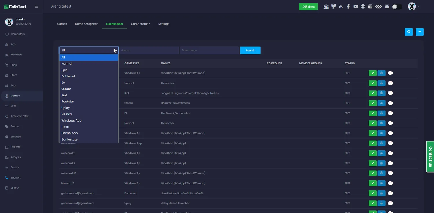 iCafeCloud license pool listing game accounts by game type with PC groups and status per license