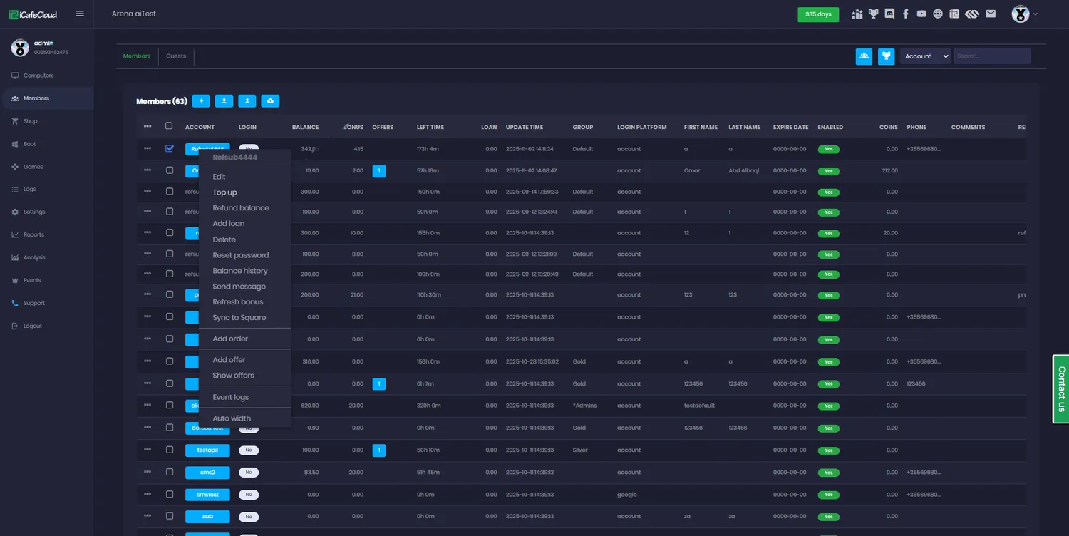 iCafeCloud members page with the right-click menu open showing top up, add offer, loan and balance history