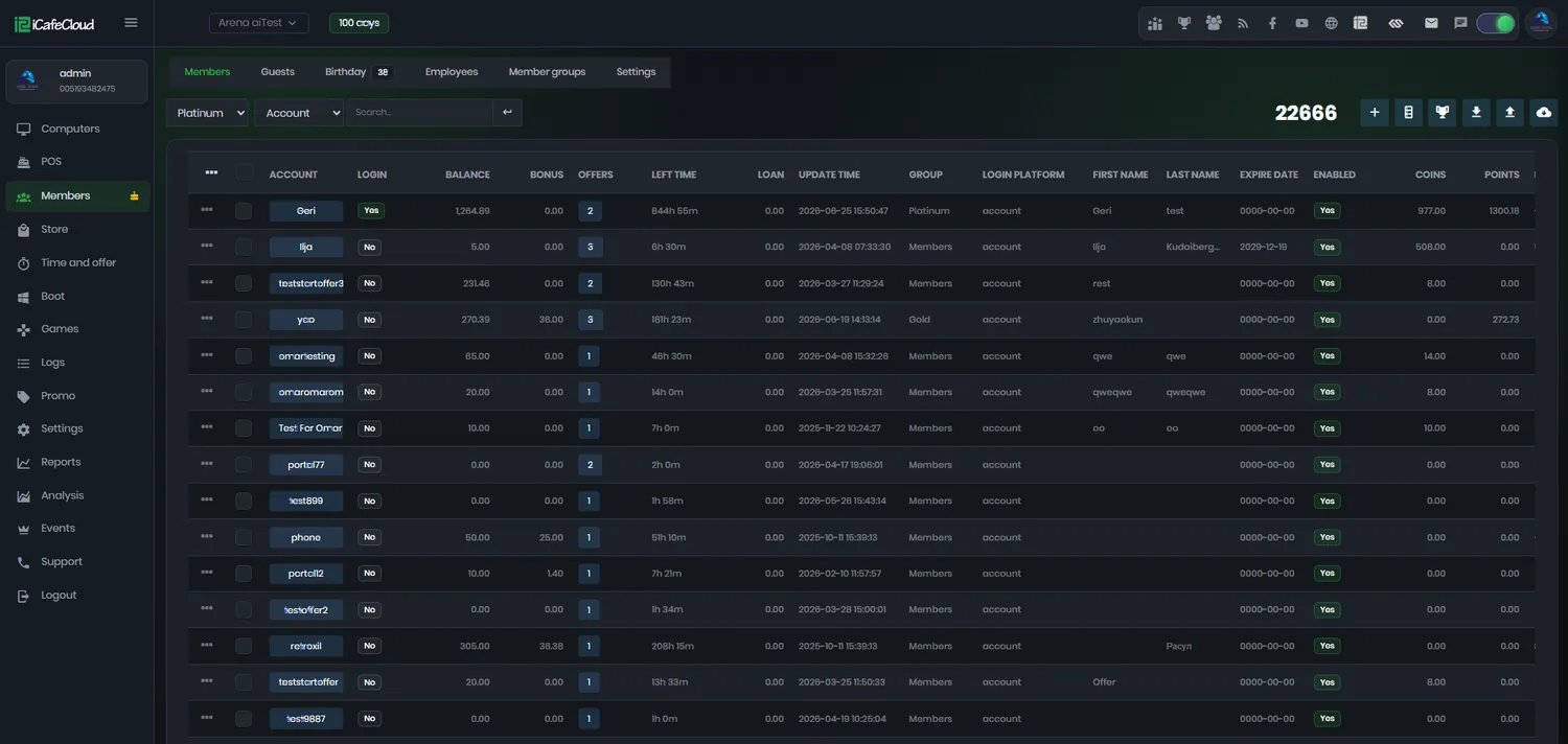 iCafeCloud members page listing member accounts with balance, bonus, group, points, coins and remaining time