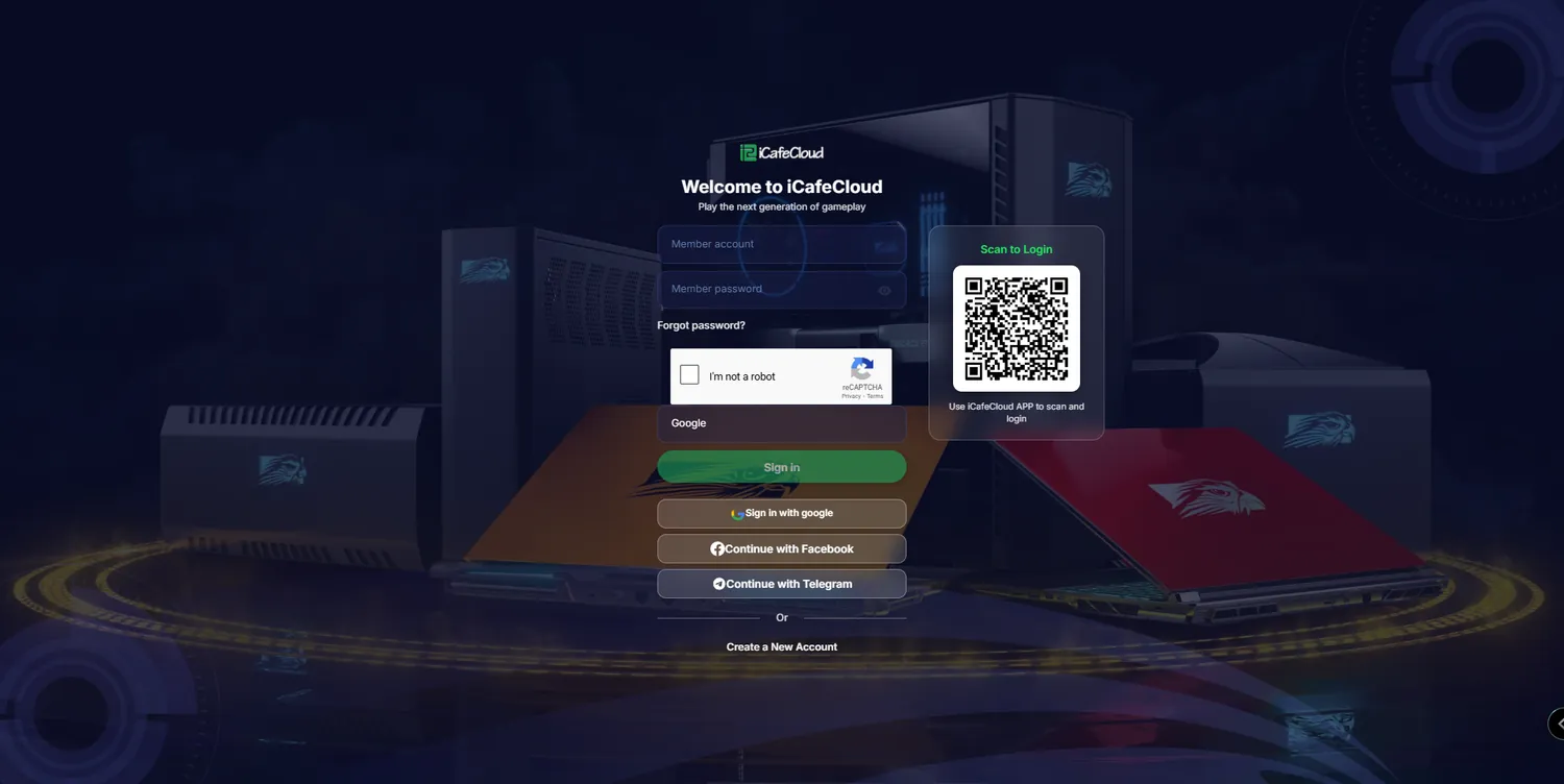 iCafeCloud member portal login page with QR code and Google, Facebook and Telegram sign-in options