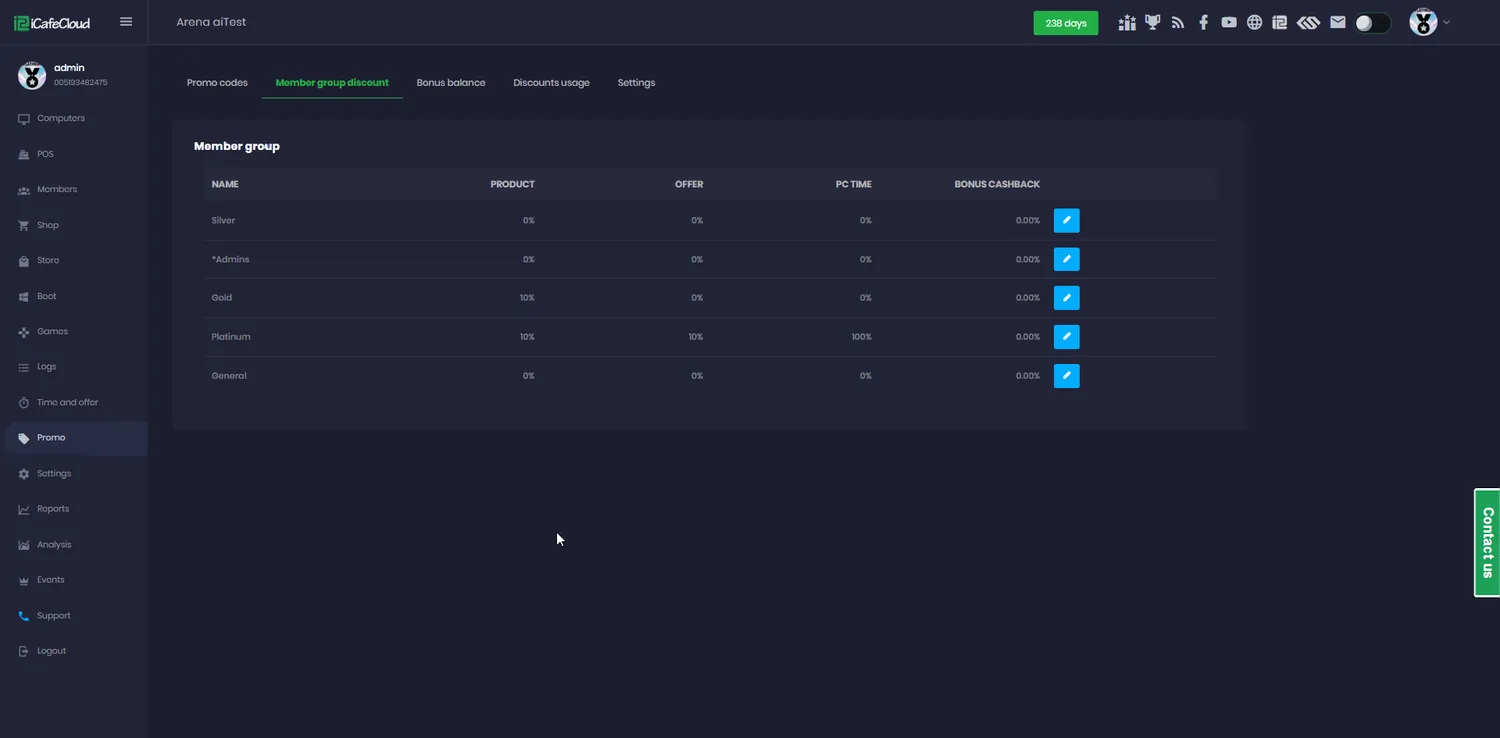 iCafeCloud member group discount table with per-group rates for products and offers