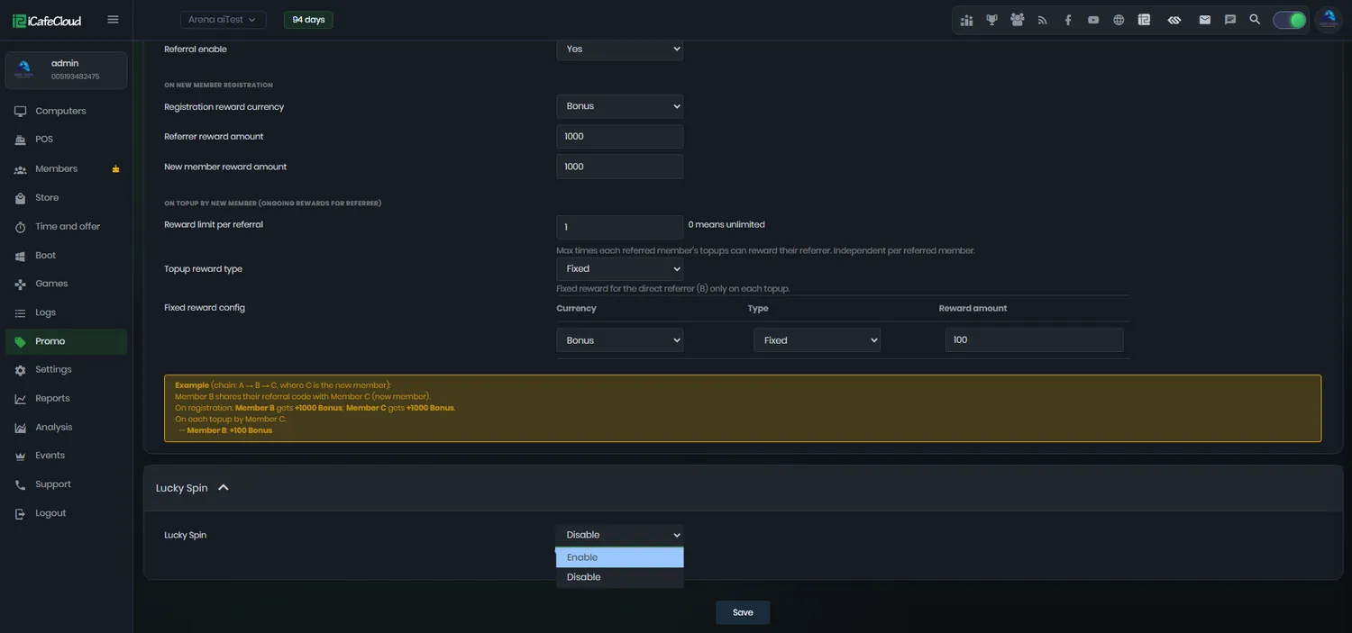 iCafeCloud lucky spin configuration with reward conditions and prize wheel settings