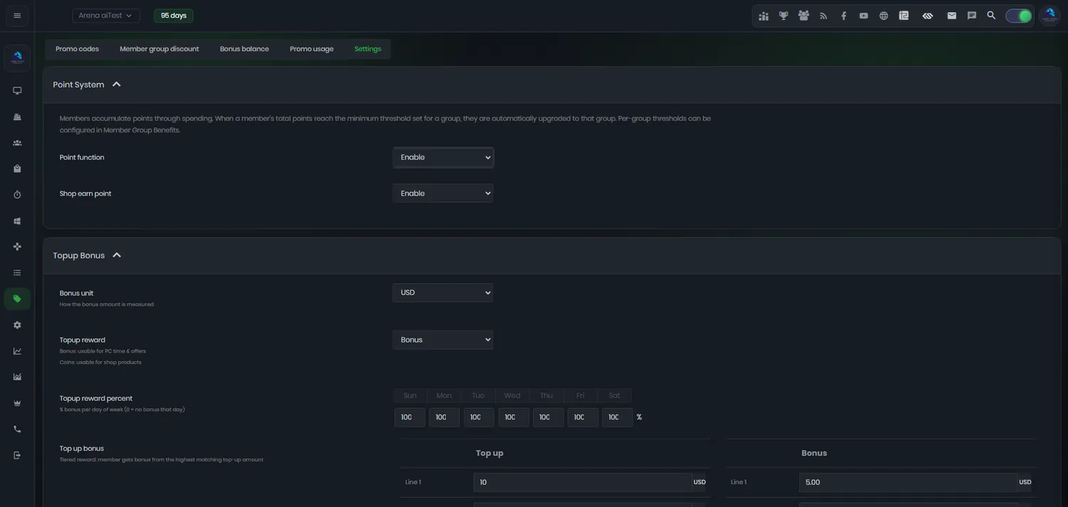iCafeCloud promo settings showing the point system, top-up bonus and reward configuration