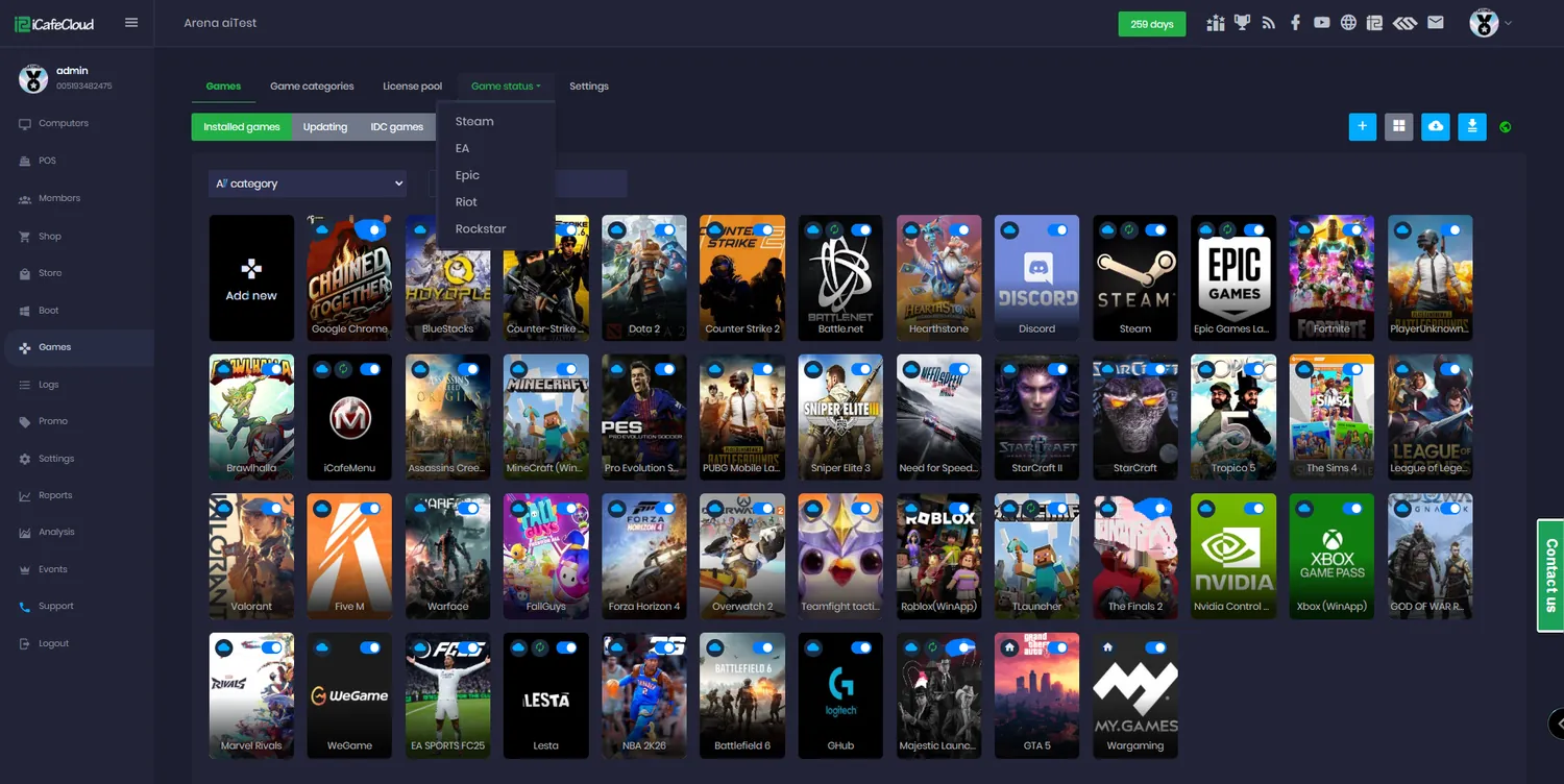 iCafeCloud games page with the launcher server status menu open for Steam, EA, Epic, Riot and Rockstar