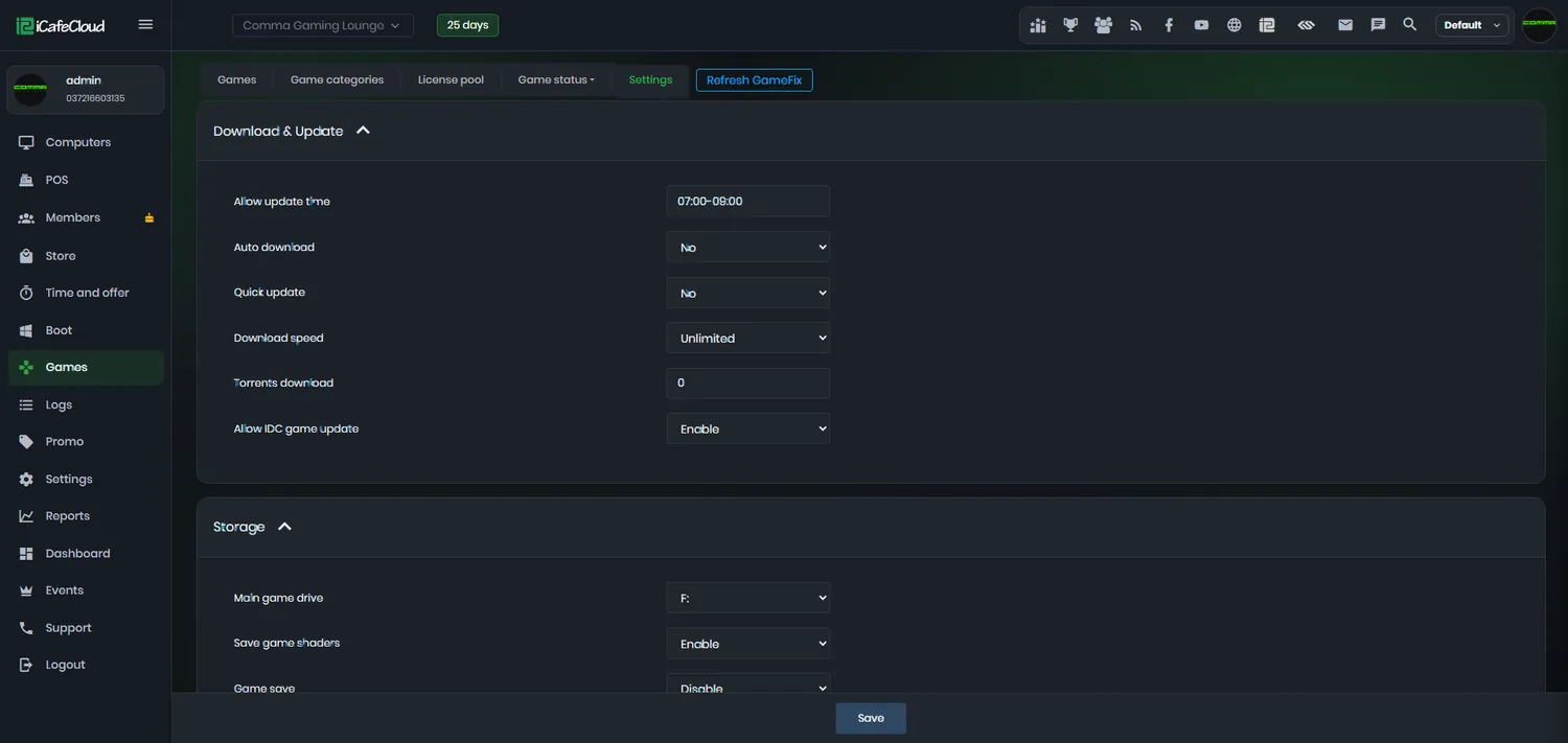iCafeCloud game download and update settings with IDC update, download speed and storage options