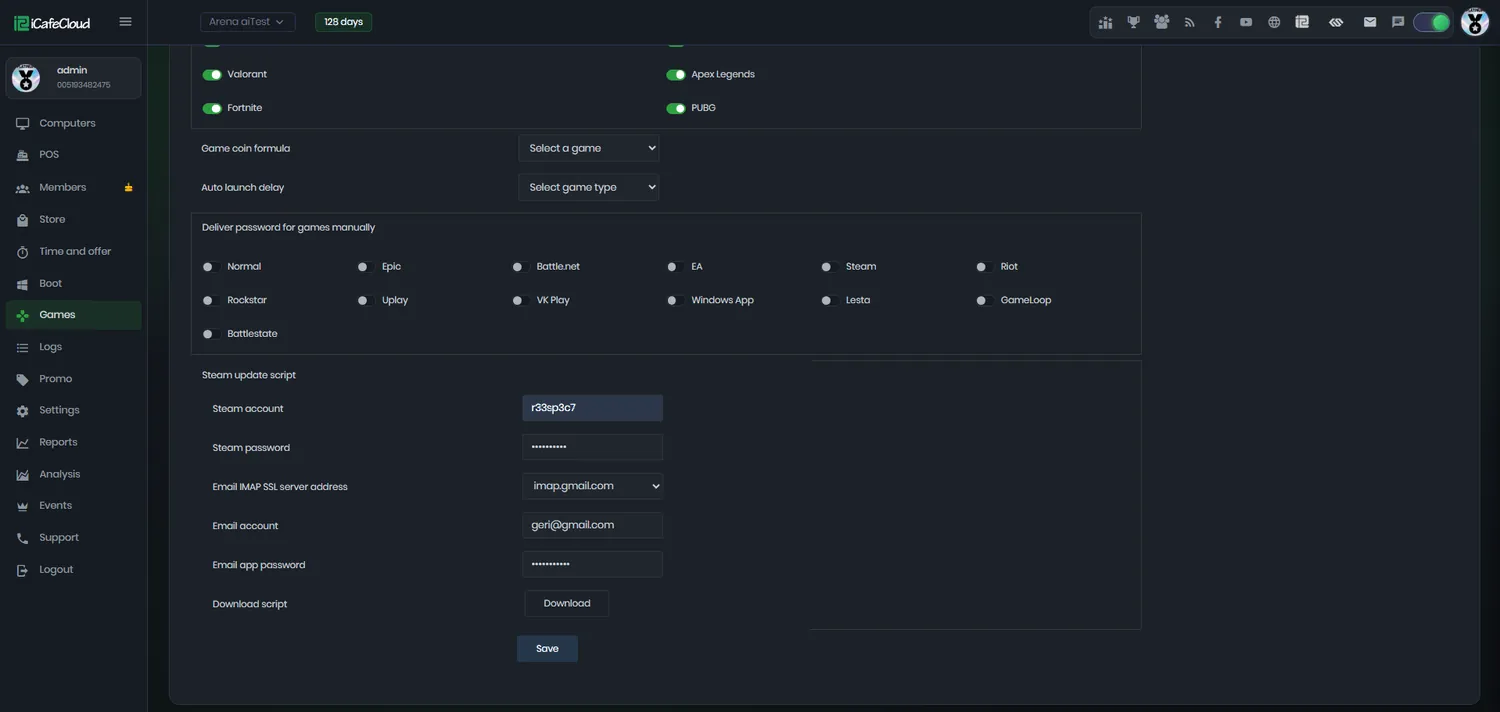 iCafeCloud Steam update script configuration with Steam account, IMAP mail server and game selection