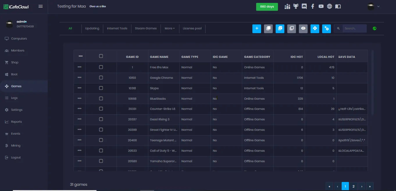 iCafeCloud games table showing game version, IDC version, IDC hot and local hot columns for each title