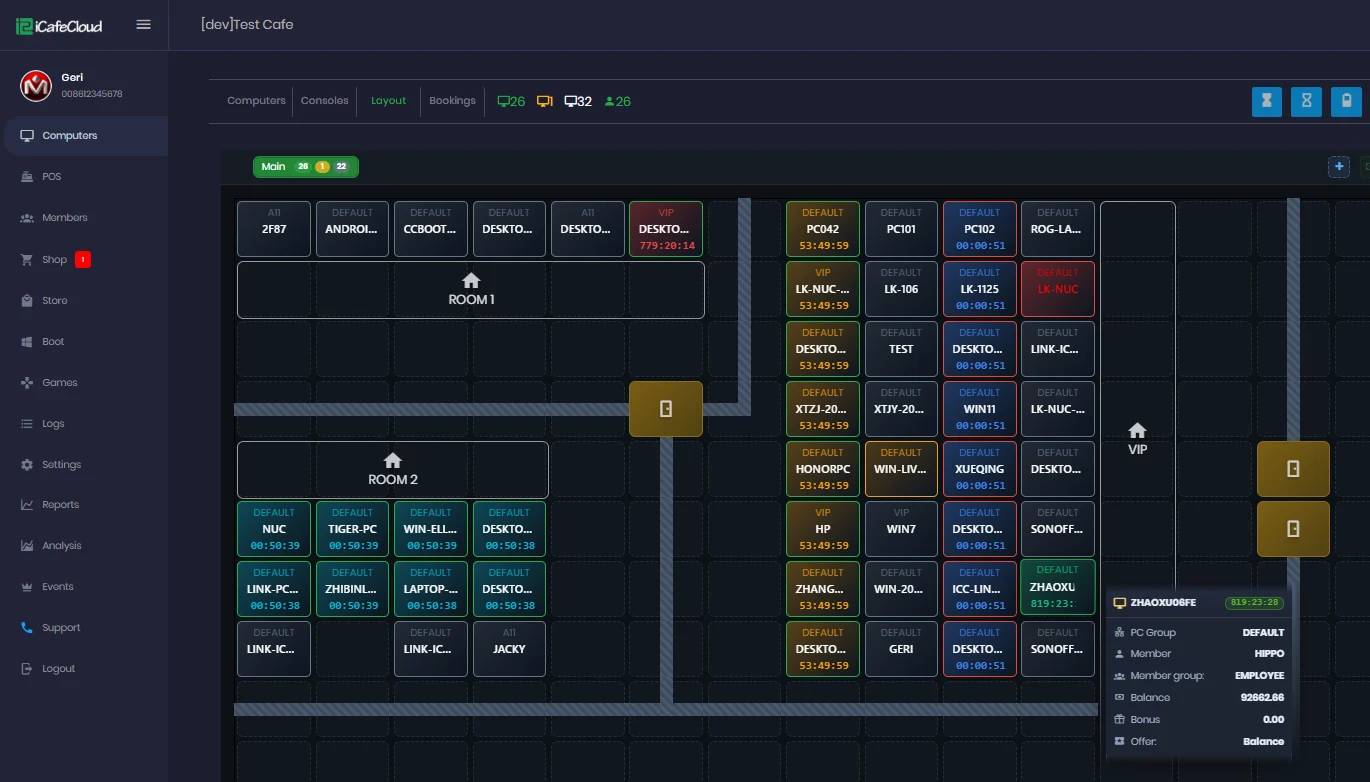 iCafeCloud cloud panel showing the live PC layout of a gaming center