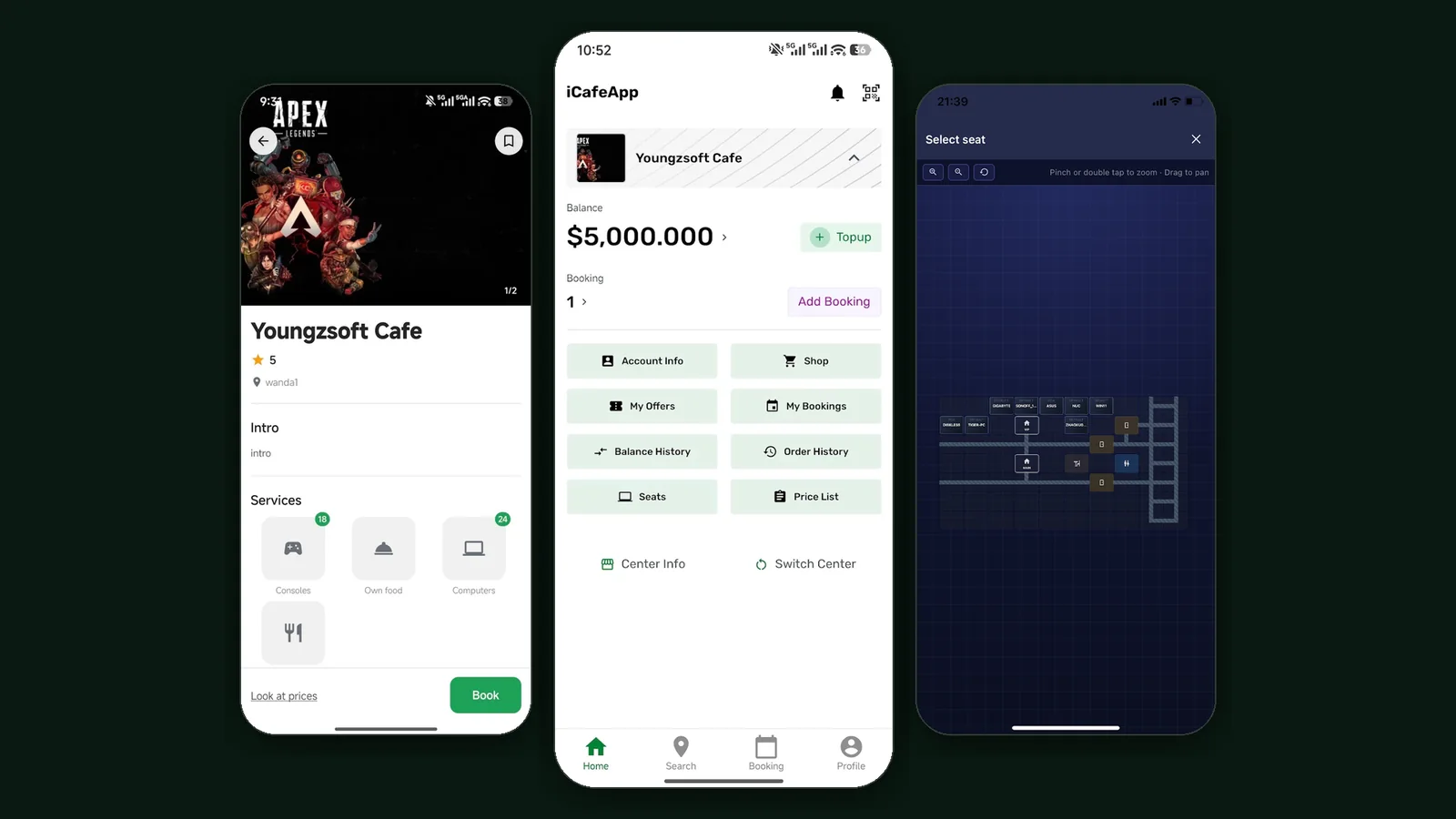 iCafeApp on three phones: a venue page, the member home screen with balance, and the seat picker