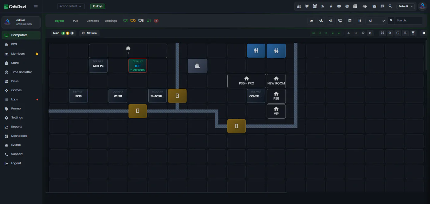iCafeCloud cloud panel showing the live PC layout of a gaming center