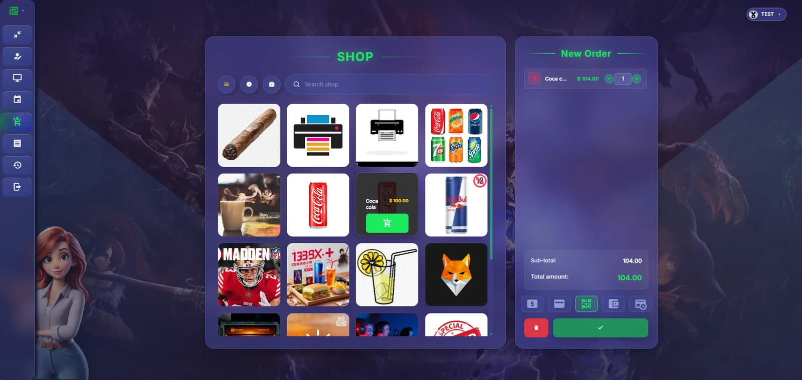 Member portal shop page where a player adds a drink to a new order