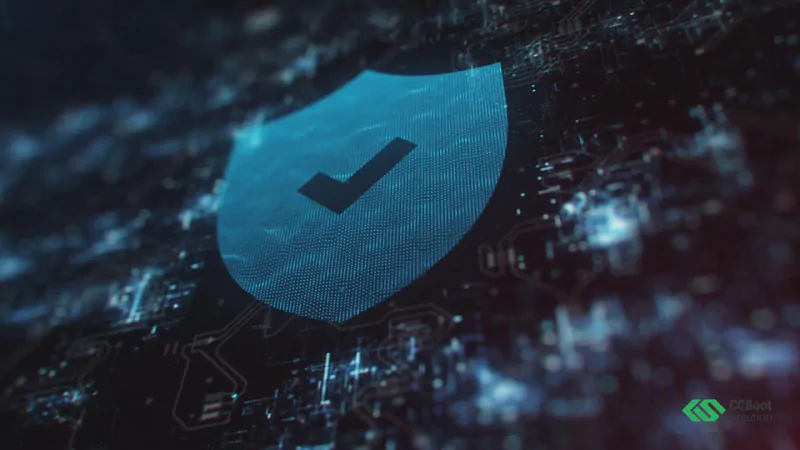 Abstract security shield over a circuit board, representing CCBoot diskless protection