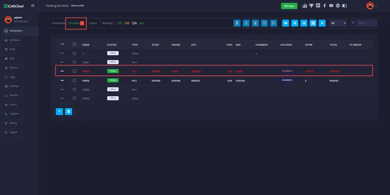 iCafeCloud Consoles tab listing PS4 and PS5 seats with live sessions and time left