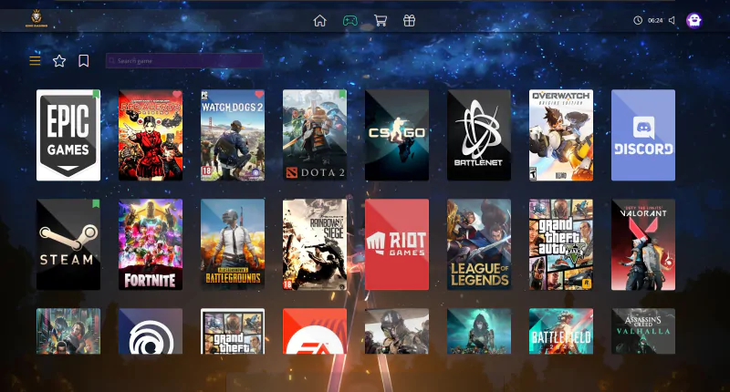 iCafeMenu client showing the game library available on the seat