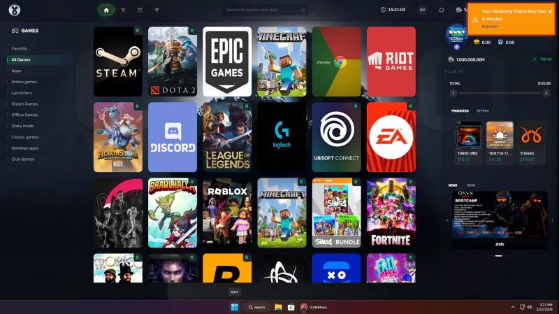 iCafeMenu client showing the game library, member balance and promoted items