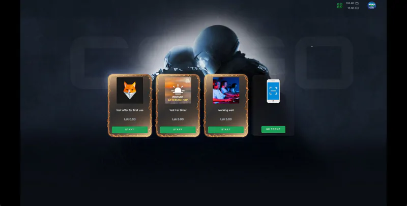 iCafeMenu login screen with the top up balance form, social login, guest and access code options