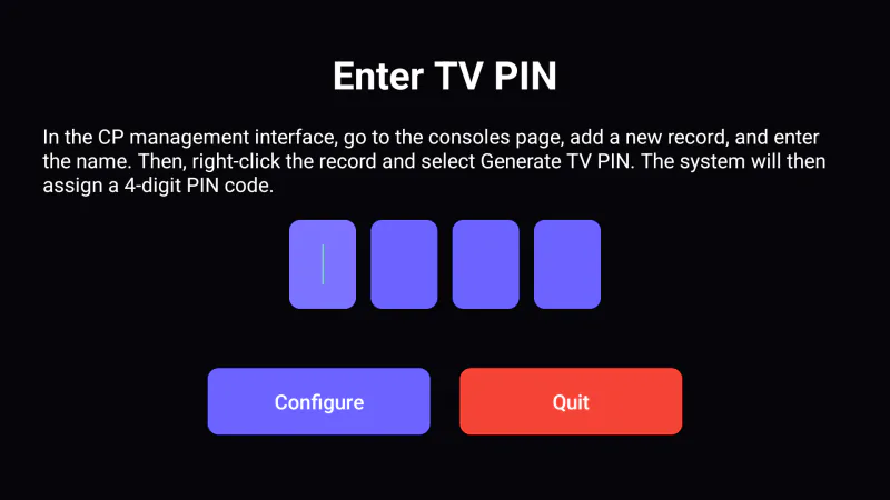 iCafeTV on a Smart TV asking for the 4-digit TV PIN generated in iCafeCloud