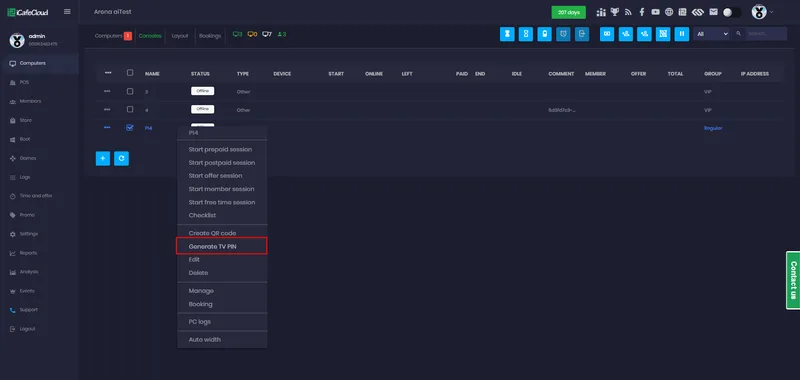 Generate TV PIN in the iCafeCloud console menu, used to pair a Raspberry Pi with a console seat