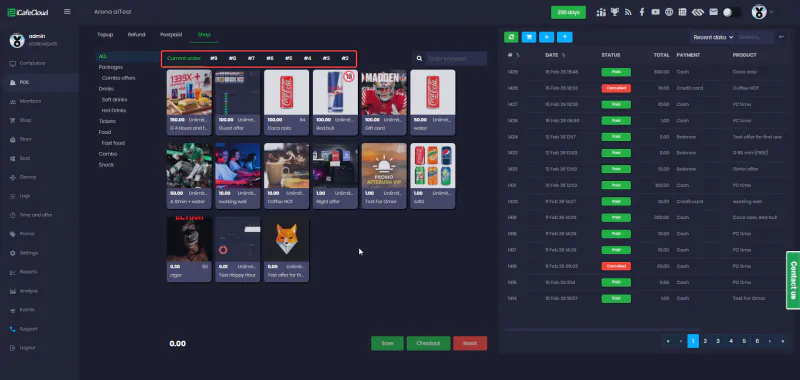 POS screen with food and drink products on the left and the running order on the right