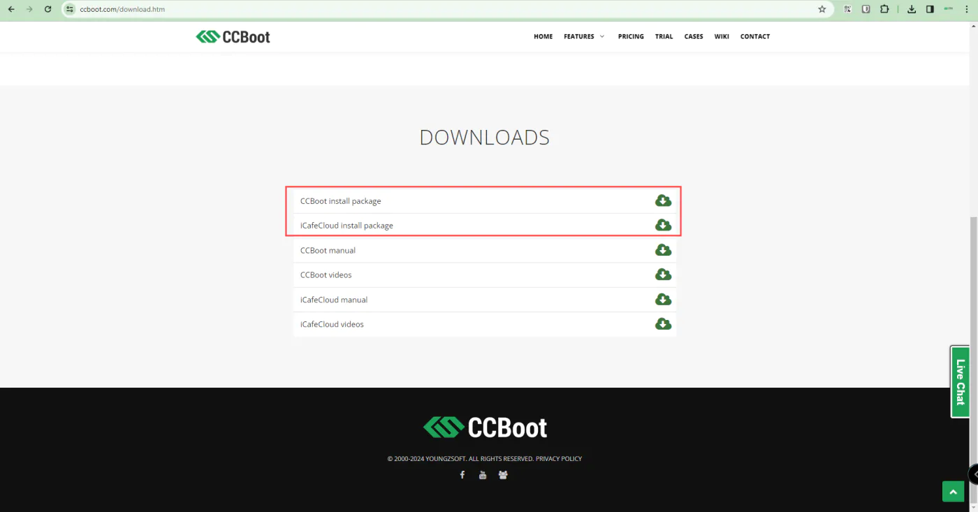 The ccboot.com download page with the CCBoot and iCafeCloud install packages highlighted