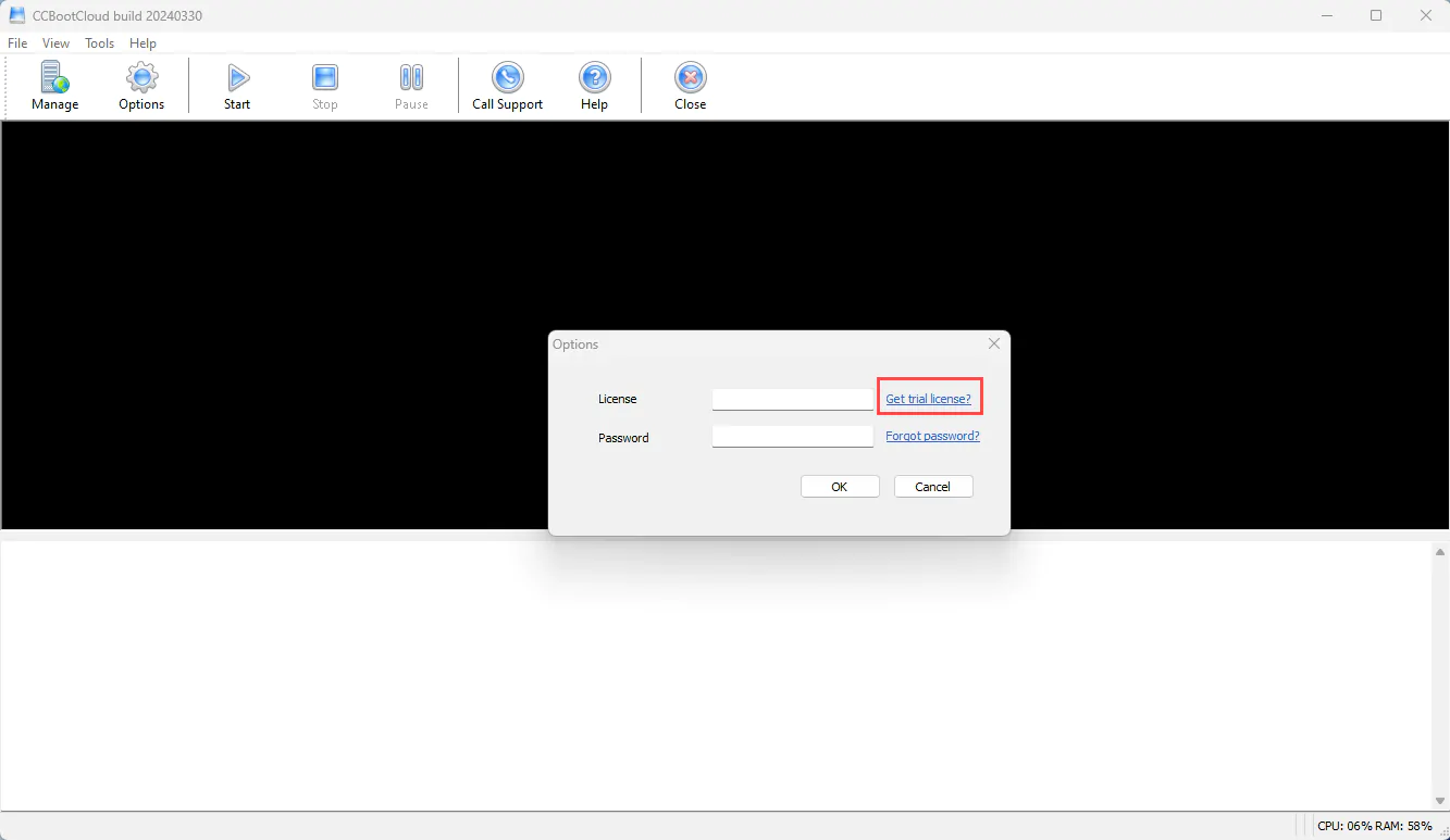 The Options window of the CCBootCloud server with the Get trial license link highlighted