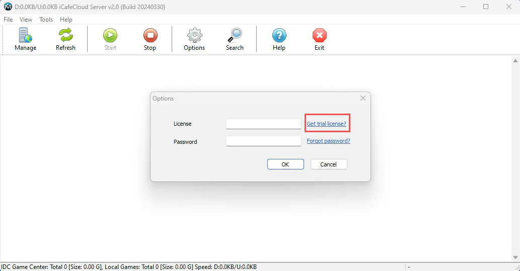 The Options window of the iCafeCloud server with the Get trial license link highlighted