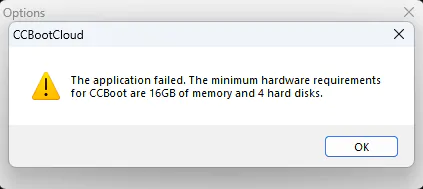 A dialog stating that the minimum hardware requirements are 16GB of memory and 4 hard disks