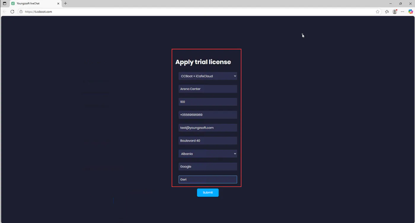 The Apply trial license form with product, center name, number of PCs, phone, email, address and country