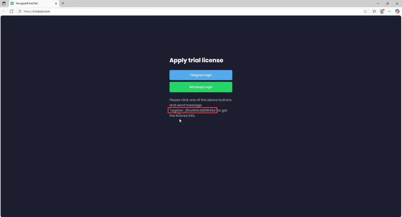 The Apply trial license page with Telegram login and WhatsApp login buttons and the registration code below them