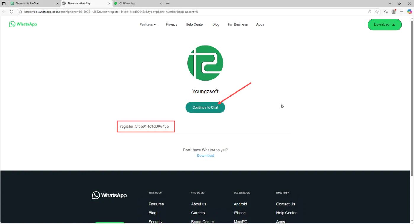 The WhatsApp page for the Youngzsoft account with the Continue to Chat button and the registration code