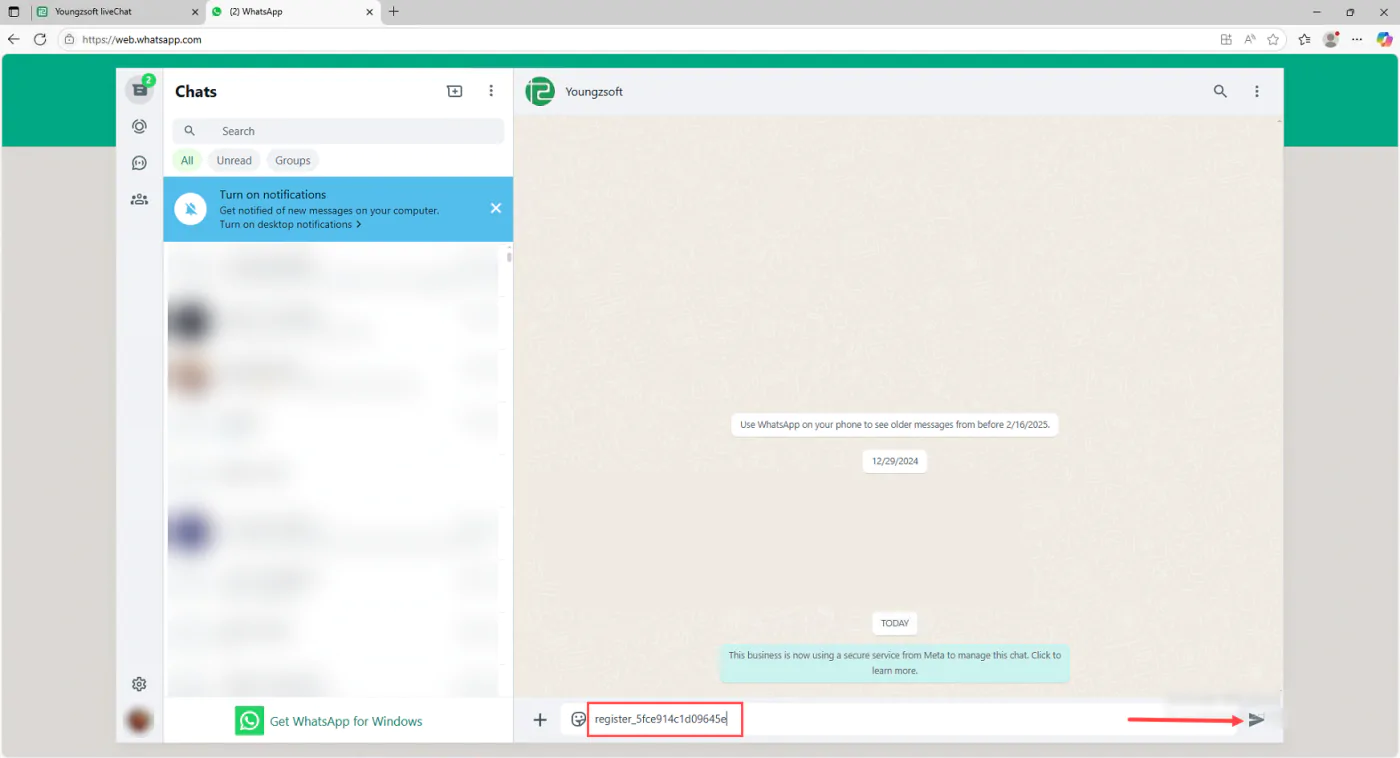 WhatsApp Web with the registration code typed into the message box of the Youngzsoft chat