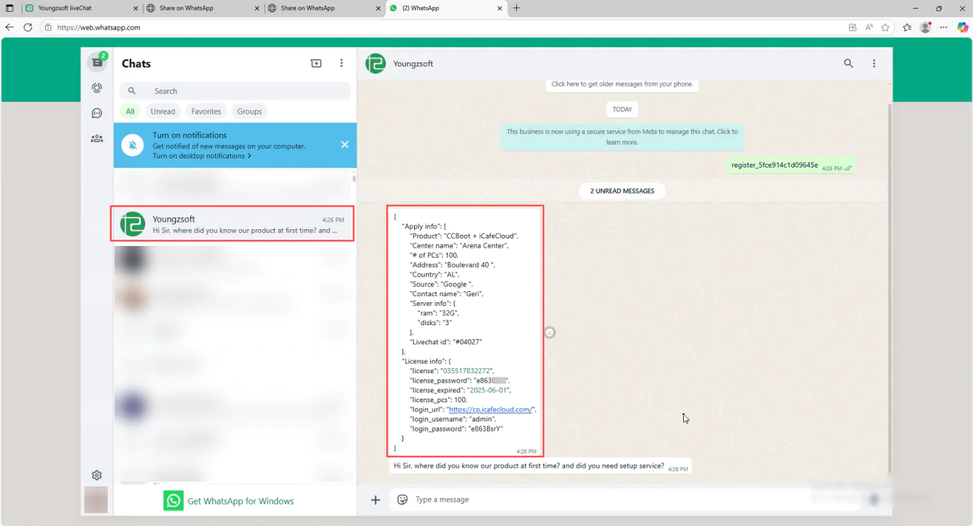 The Youngzsoft chat replying with the license number, password, expiration date and number of PCs