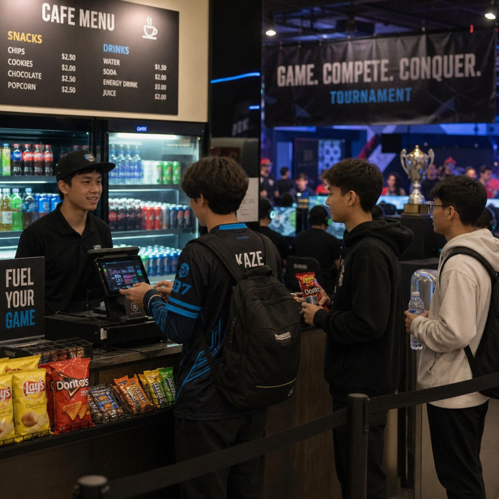 Players buying snacks and drinks during a gaming cafe tournament