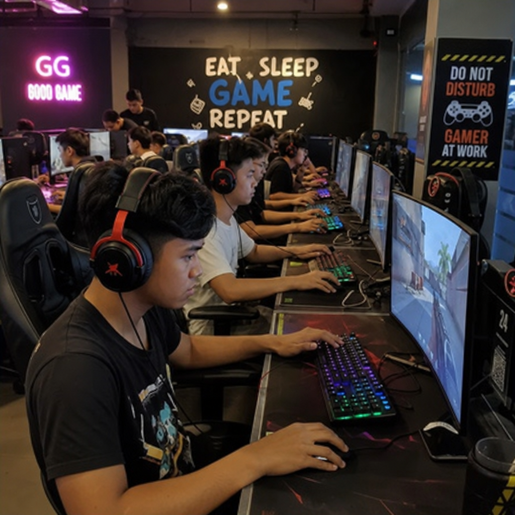 Players competing in a modern gaming cafe tournament